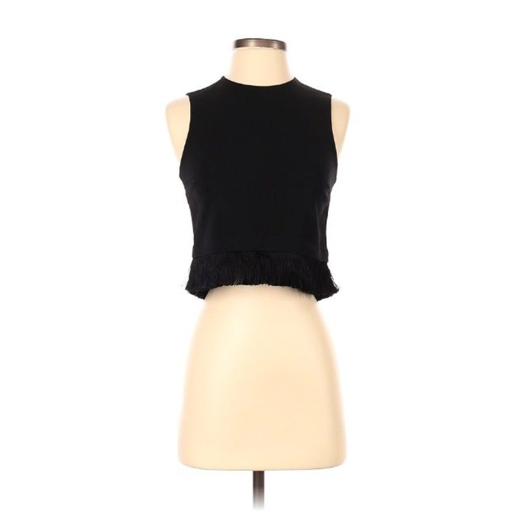 A.L.C. ALC Crepe Fringe Cropped Top Sleeveless To Blouse Black Sz 2
